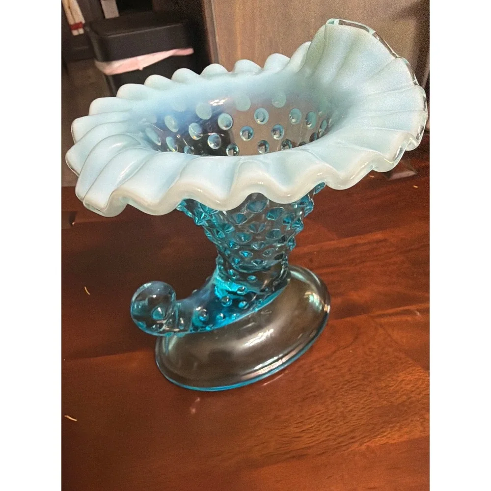 Fenton Blue Opalescent Hobnail Cornucopia Vase Ruffled Rim Vintage Art Glass